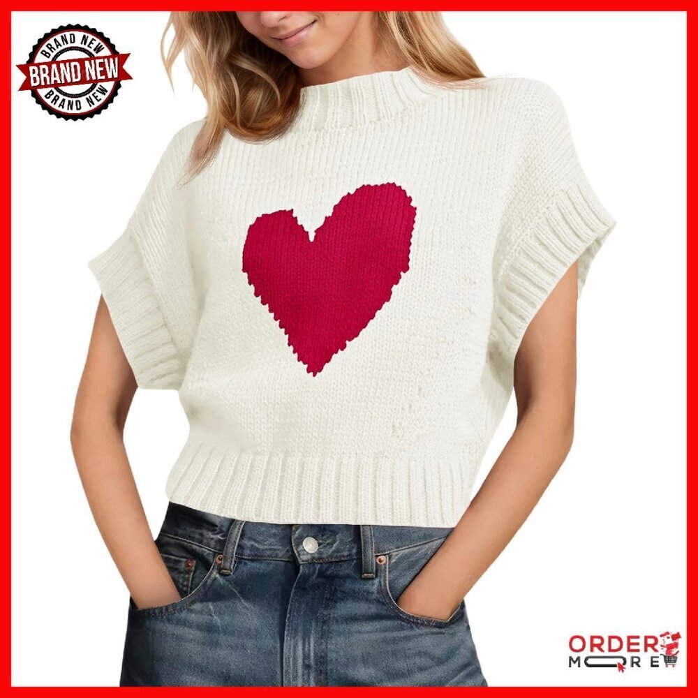 Mock Neck Cropped Sweater Cap Sleeve Heart Knit Top Loose Fit